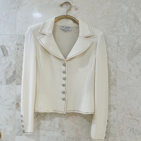St. John Jackets & Blazers - ST JOHN EVENING Jacket {6} Winter White / Ivory Rhinestone Silver Gold